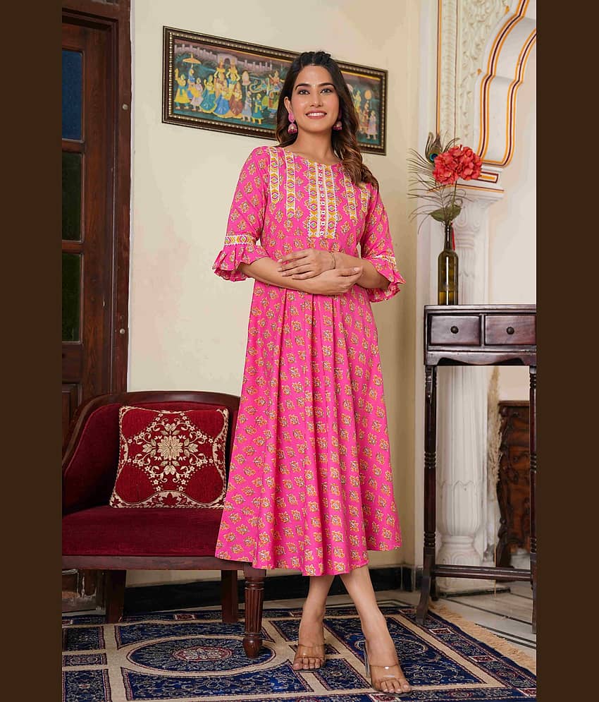 Yash Gallery Rayon Printed Anarkali Women's Kurti - Pink ( Pack of 1 )