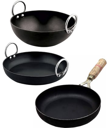 Ms Pure Iron/Loha Combo Set Of Black Deep Kadai & Multi-Purpose Induction Wok & Wooden Handle Frying Pan No-10 (Dia-10 Inches, Tot. Cap.-5 Litres)
