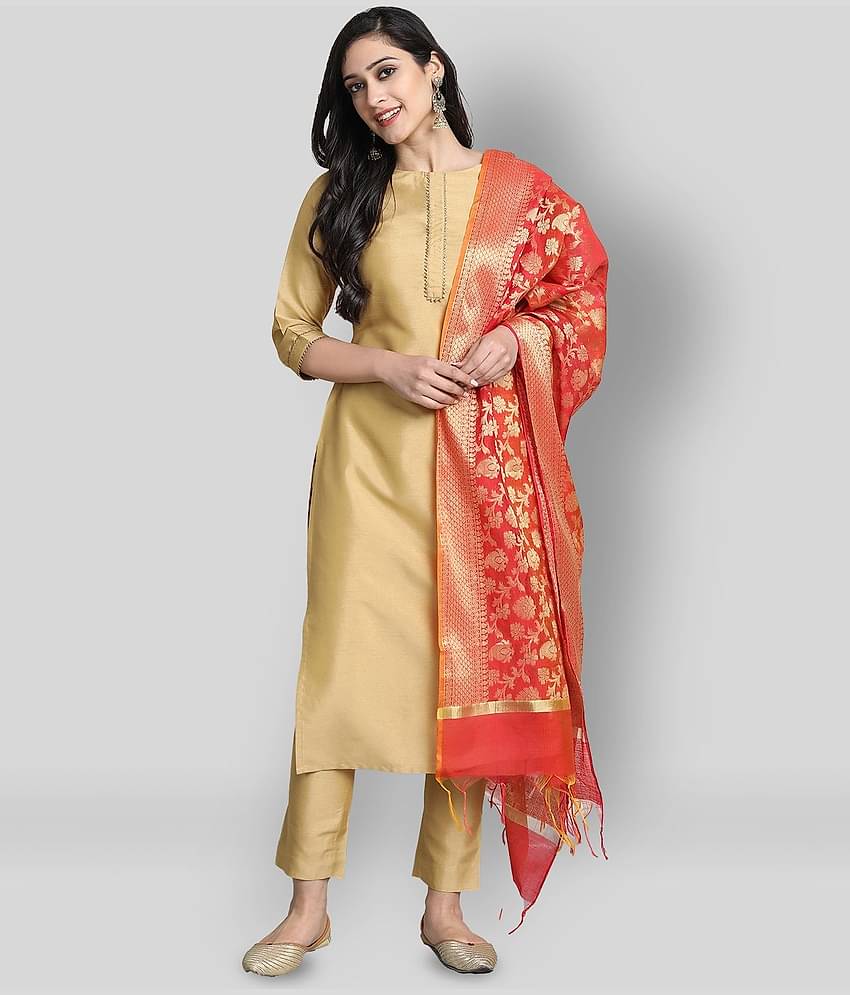 Janasya - Gold Straight Silk Women's Stitched Salwar Suit ( Pack of 1 )