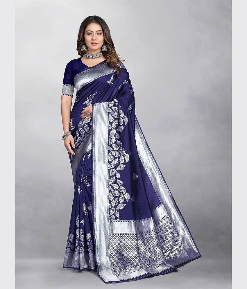 Gazal Fashions Banarasi Silk Embellished Saree With Unstitched Blouse Piece ( Navy Blue )