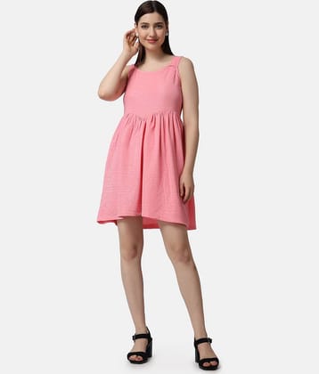 POPWINGS Women Polyester Solid Fit & Flare Dress ( Pink )