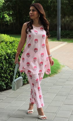 Cotton Handblock Light Pink Coord Set-L