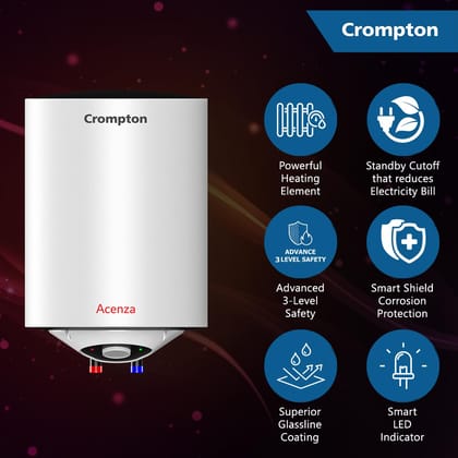 Crompton Acenza 15L Storage Water Heater (Geyser) with Superior Glassline Coating, 8 Bar pressure rating and 5yr Tank warranty, Wall Mounting Crompton Acenza 15L Storage Water Heater (Geyser) with Superior Glassline Coating, 8 Bar pressure rating and 5yr Crompton Acenza 15L Storage Water Heater (Geyser) with Superior Glassline Coating, 8 Bar pressure rating and 5yr Tank warranty, Wall Mounting Crompton Acenza 15L Storage Water Heater (Geyser) with Superior Glassline Coating, 8 Bar pressure rating and 5yr