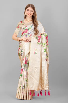 Yavira silk Women's White Floral Silk Blend Saree