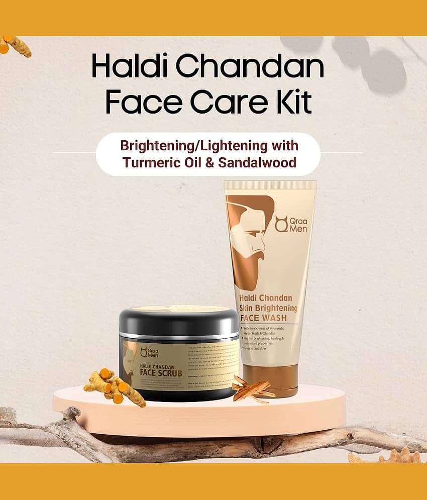Qraa Men Haldi Chandan Face Care Kit - Combo pack of Haldi chandan Face wash 100g & Scrub 100g | Lightens & Brightens skin tone with turmeric extracts