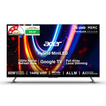 Acer 189 cm (75 inches) M Series 4K Ultra HD Smart QLED Mini LED Google TV AR75UDMGR2885AT (Black) Acer 189 cm (75 inches) M Series 4K Ultra HD Smart QLED Mini LED Google TV AR75UDMGR2885AT (Black) - Black / 75 inch Acer 189 cm (75 inches) M Series 4K Ultra HD Smart QLED Mini LED Google TV AR75UDMGR2885AT (Black) Acer 189 cm (75 inches) M Series 4K Ultra HD Smart QLED Mini LED Google TV AR75UDMGR2885AT (Black) - Black / 75 inch