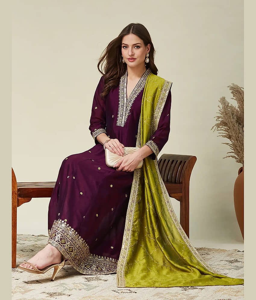 kedar fab Women Silk Blend Embroidered Anarkali Kurti With Pants ( Purple )
