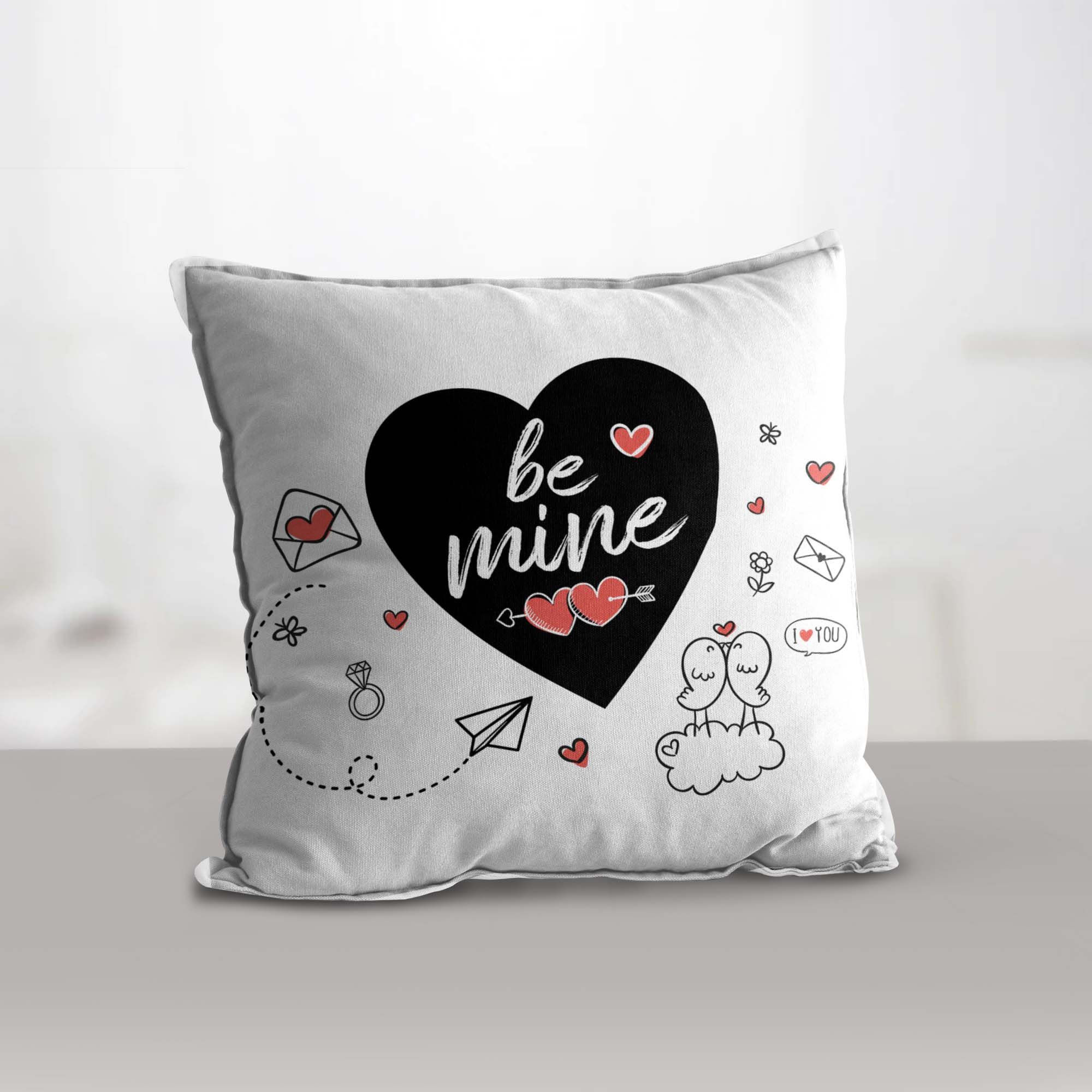 Valentine Combo of Colorful "Be Mine" Abstract Hearts Print Cushion & Mug With Keychain Gift Set