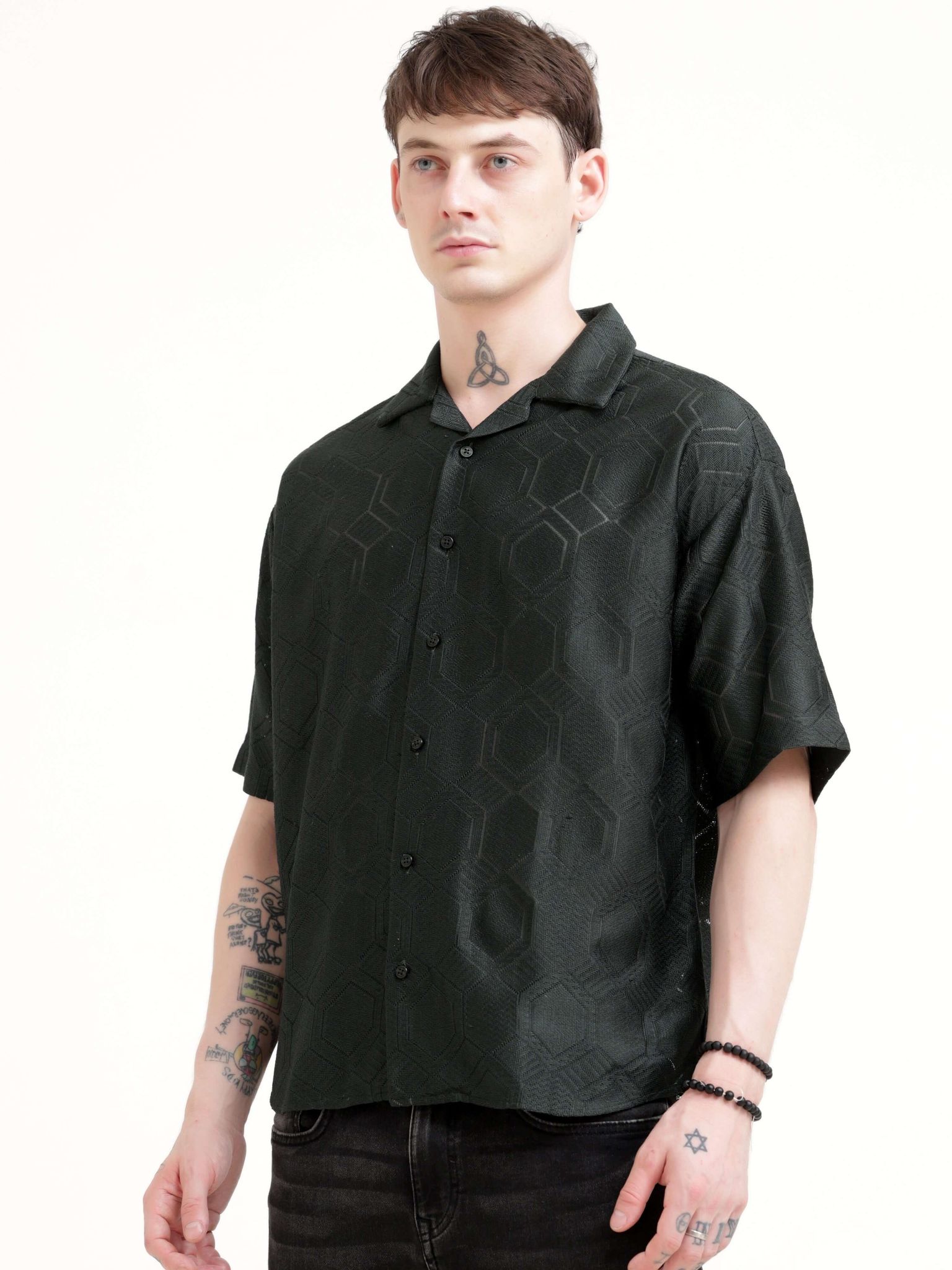 Texturiche Bottle Green Crochet Oversized Shirt-M / Dark Green