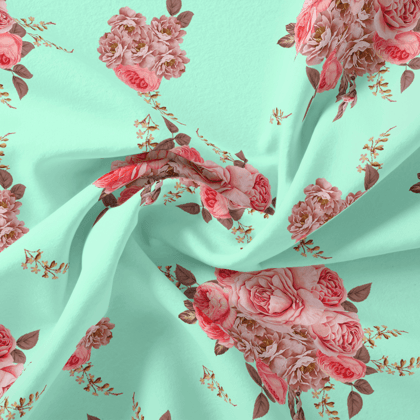 Pink Roses Brown Leaves Digital Printed Fabric - Silk Crepe-Polyester / Silk Crepe / 110 CM | 43 Inch