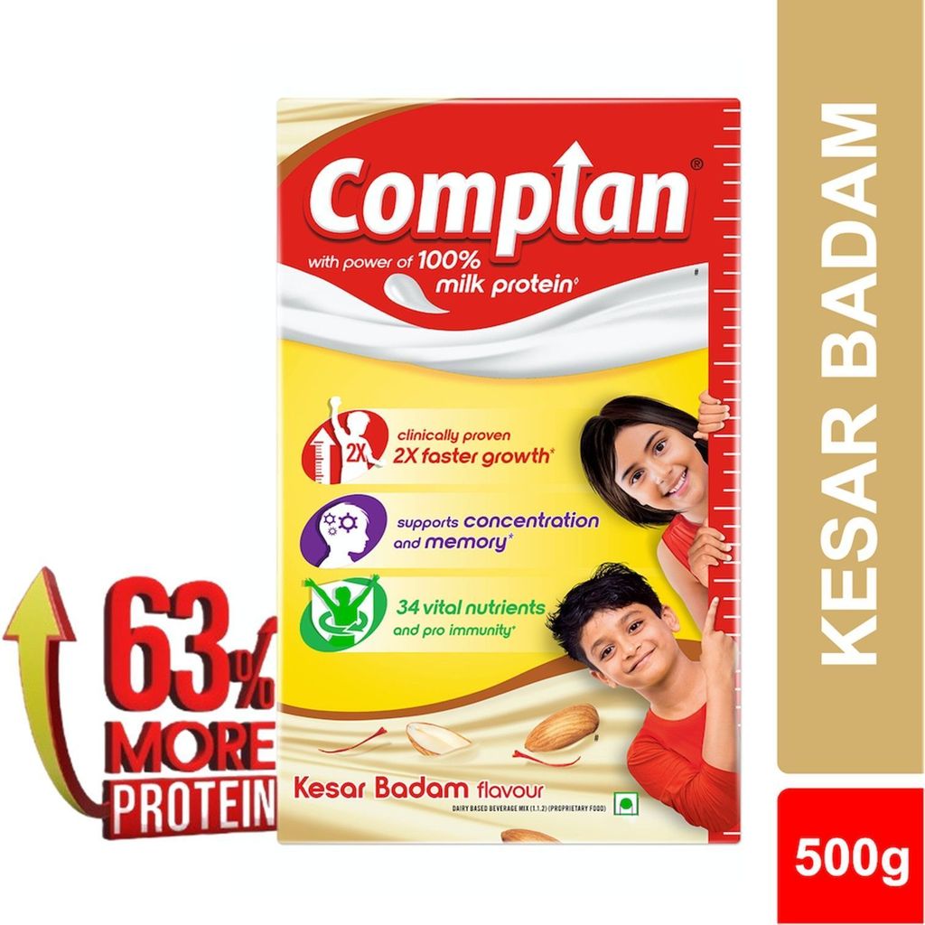 Complan Nutrition Drink Powder for Children, Kesar Badam Flavour, 500 g Refill Pack | Nutrition drink for kids with protein & 34 vital nutrients