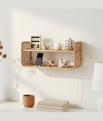 PrettyKrafts Two Tier Rafia & Metal Wall Shelf Storage Organiser | Multipurpose Storage Basket | Decorative Wall Mounted Storage Rack for Living Room, Bedroom, Kitchen & Office (25x15x23 cm)