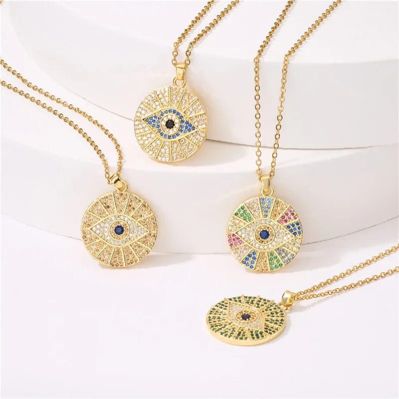 Wholesale Colored Turkish Eyes Coin Pendant Necklace 18k Gold Plated Carved Crystal Eyes Disc Necklace