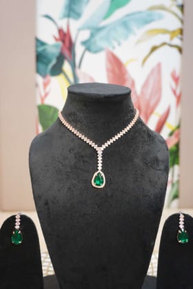 Green & Rose Gold Colour Pendant Necklace with Earring
