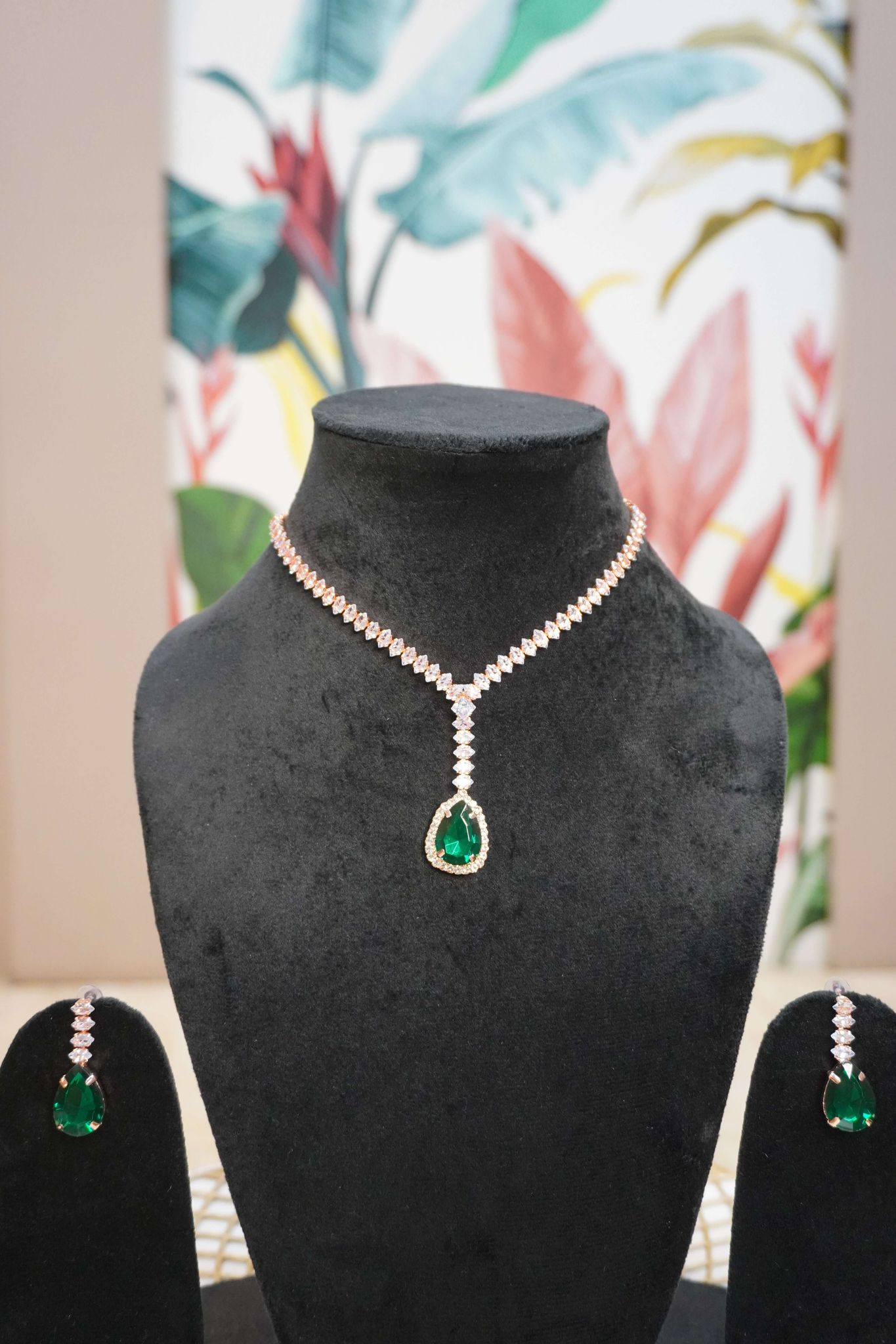 Green & Rose Gold Colour Pendant Necklace with Earring