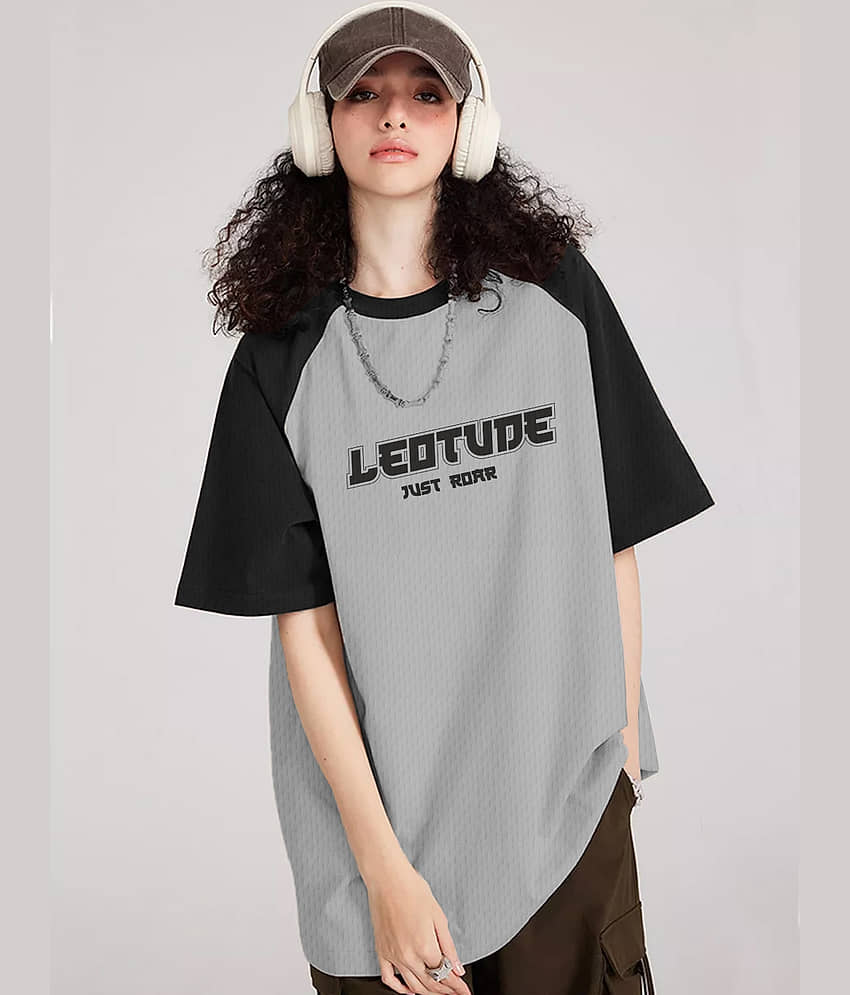 Leotude Women Cotton Blend Printed Oversized Fit Round Neck T-Shirt ( Grey )