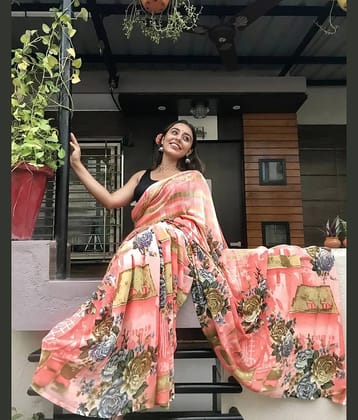 ANAND SAREES Georgette Printed Saree With Unstitched Blouse Piece ( Pink )