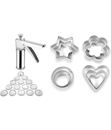Analog Kitchenware Silver Stainless Steel Baking Cookies Cutter And 14 Blade Kitchen Press ( Set of 2 )