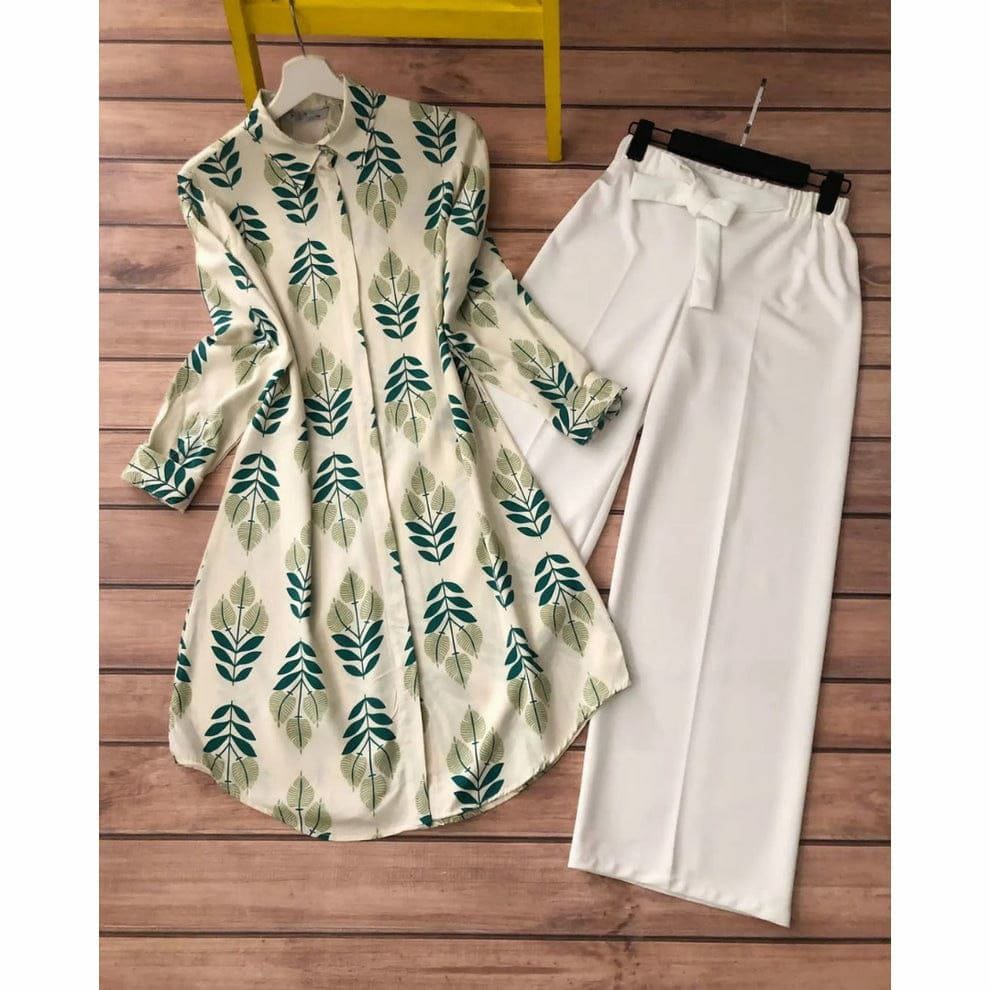 A Blossoming Ensemble Floral White Kurti & Palazzo Set by GlamaStitch-M