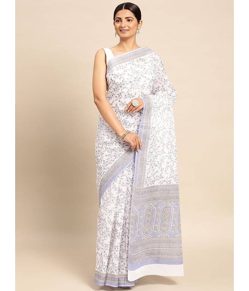 SHANVIKA Cotton Printed Saree Without Blouse Piece ( White )