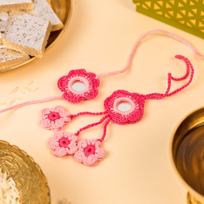 Rose Crochet Rakhi & Lumba Set-1 Rakhi + 1 Lumba Set