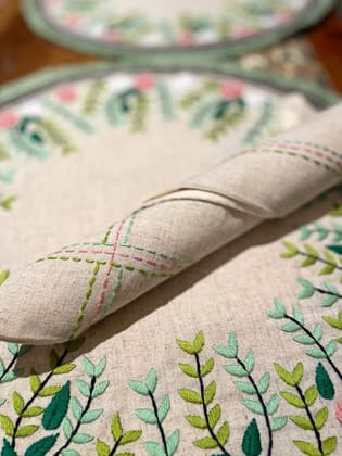 KRI India Stitch Canvas Set of 6 Table Napkins (Pastel) | Beige with pastel blue, green & pink embroidery  | 16x16 inches | Wash & Care | 100% Cotton | Handcrafted in India. 100% organic & natural.