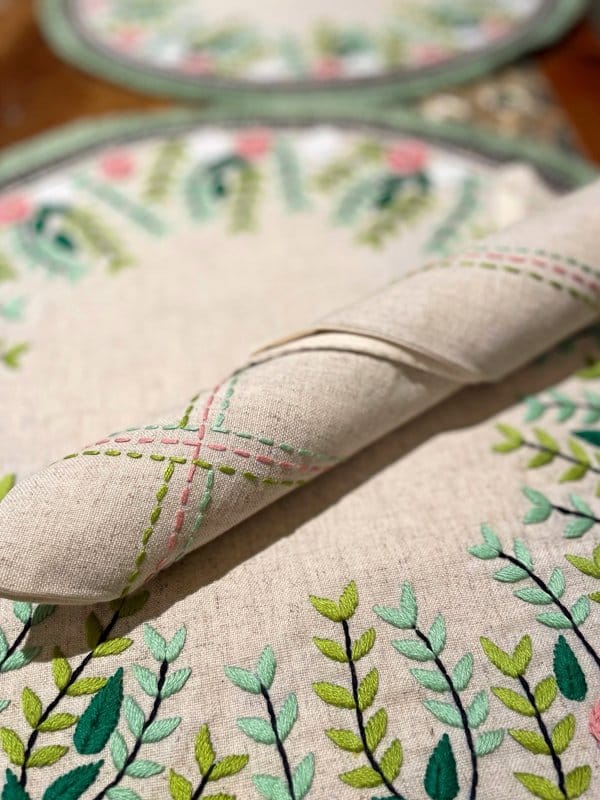 KRI India Stitch Canvas Set of 6 Table Napkins (Pastel) | Beige with pastel blue, green & pink embroidery  | 16x16 inches | Wash & Care | 100% Cotton | Handcrafted in India. 100% organic & natural.