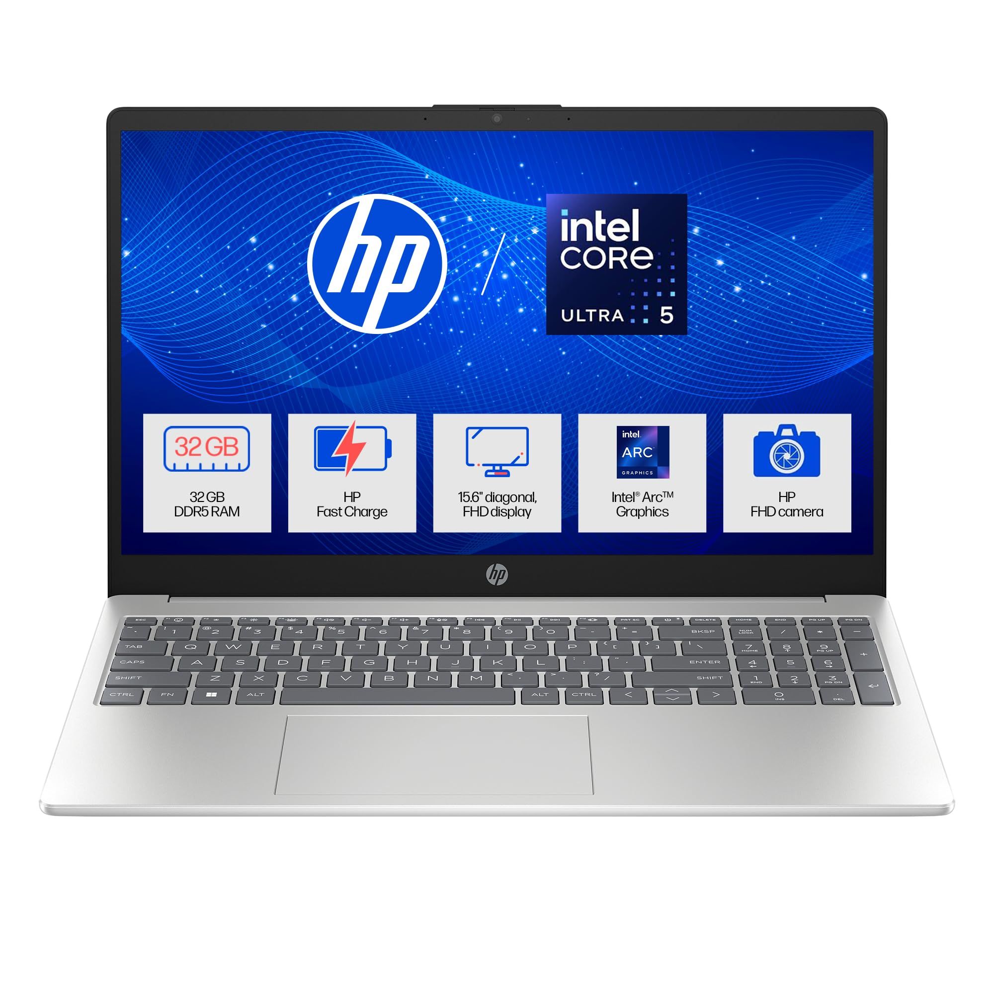 HP 15, Intel Ultra 5 125H, 12 Tops (32GB DDR5, 1TB SSD) FHD, IPS, 15.6''/39.6cm, Win11, M365 Basic(1yr)*Office24, Silver, 1.65kg, fd1279TU, Intel Arc Graphics, FHD Camera, Backlit, AI Powered Laptop HP 15, Intel Ultra 5 125H, 12 Tops (32GB DDR5, 1TB SSD)