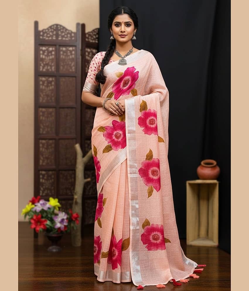 HEMA SILK MILLS Linen Printed Regular Saree With Unstitched Blouse Piece ( Pink )