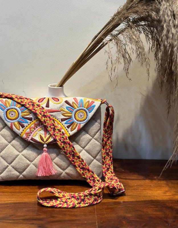 KRI India Raw Pop Hand embroidered Sling Bag | Beige & Jute brown | 12x8 inches | Wash & Care | 100% Cotton | Handcrafted in India. 100% organic & natural.