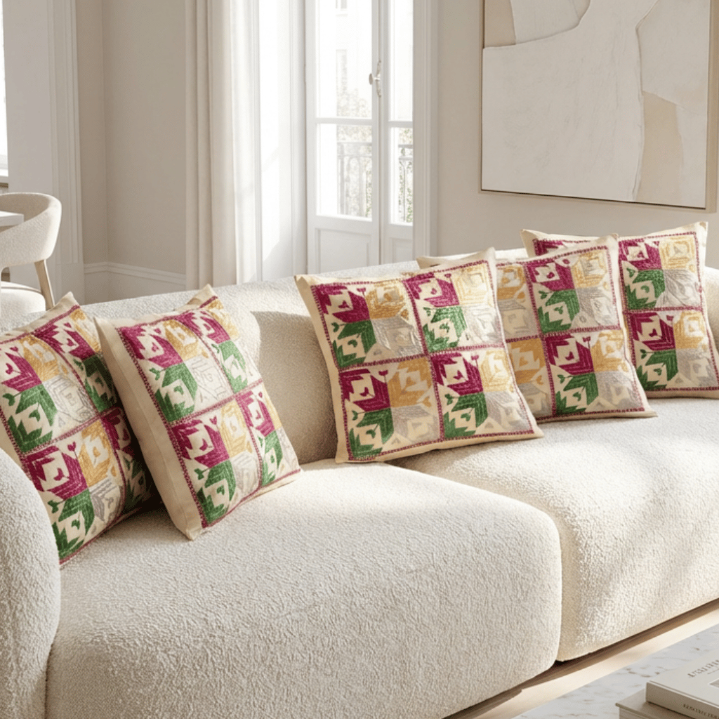 Hand-Embroidered Cotton Cream Cushion Covers | Set of 5