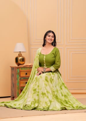 Festive Fusion Blockprinted Bright Green Lehanga Choli Set-S (36)