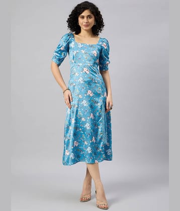 Kuwarii Women Polyester Printed Side Slit Dress ( Blue )