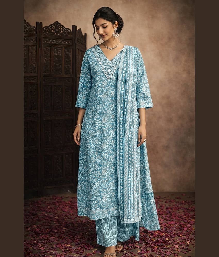 Aarika Women Cotton Printed Straight Kurti With Pants ( Blue )