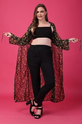 Black & Yellow Floral Printed Long Shrug-L / Black