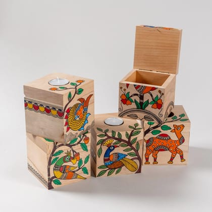 Madhubani Painting T-light Box 4x4-4 Inches x 4 Inches / Mango Wood
