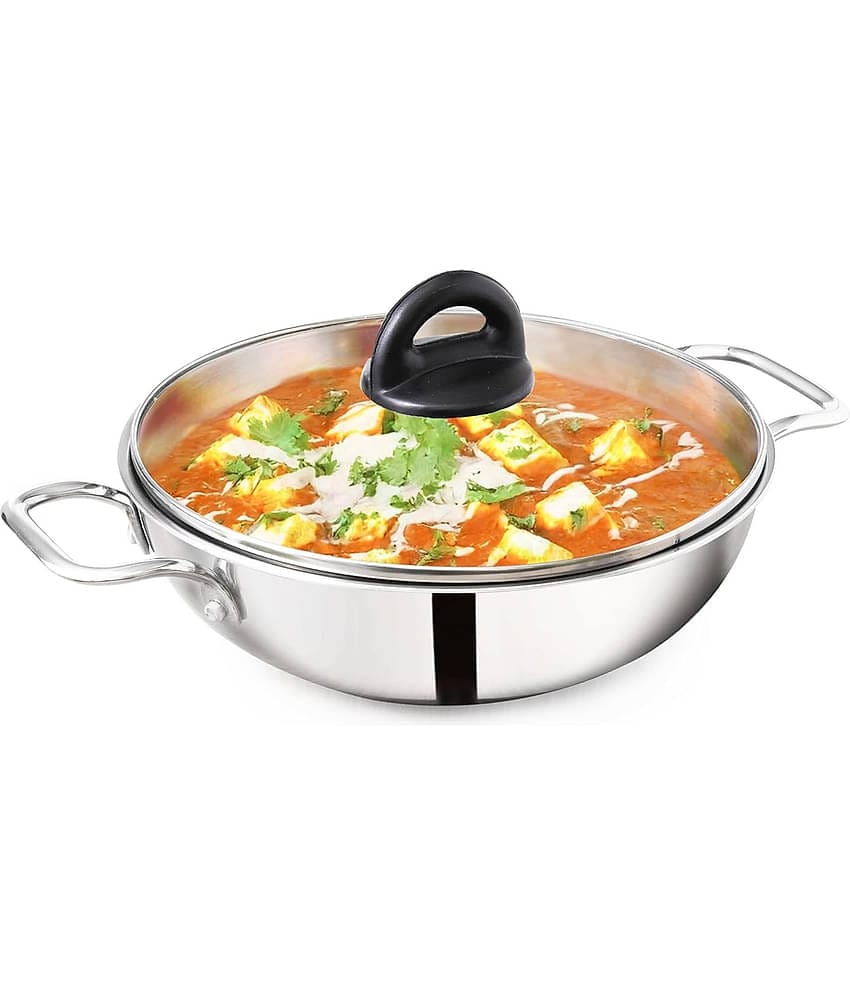 The Indus Valley Non Coated Stainless Steel Chetty Pan Induction Bottom with Glass Lid mm Thickness 26 cm Diameter 3.5 Ltr