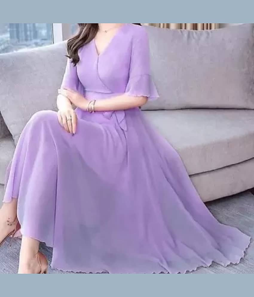 RAABTA FASHIION Women Georgette Solid Fit & Flare Dress ( Lavender )