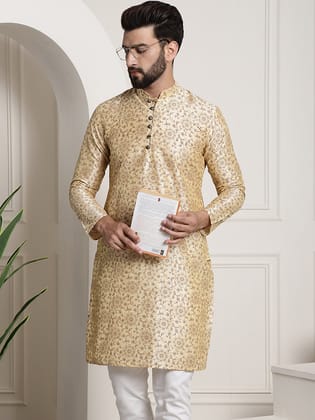 Men's Silk Blend Beige Printed Long Kurta-36