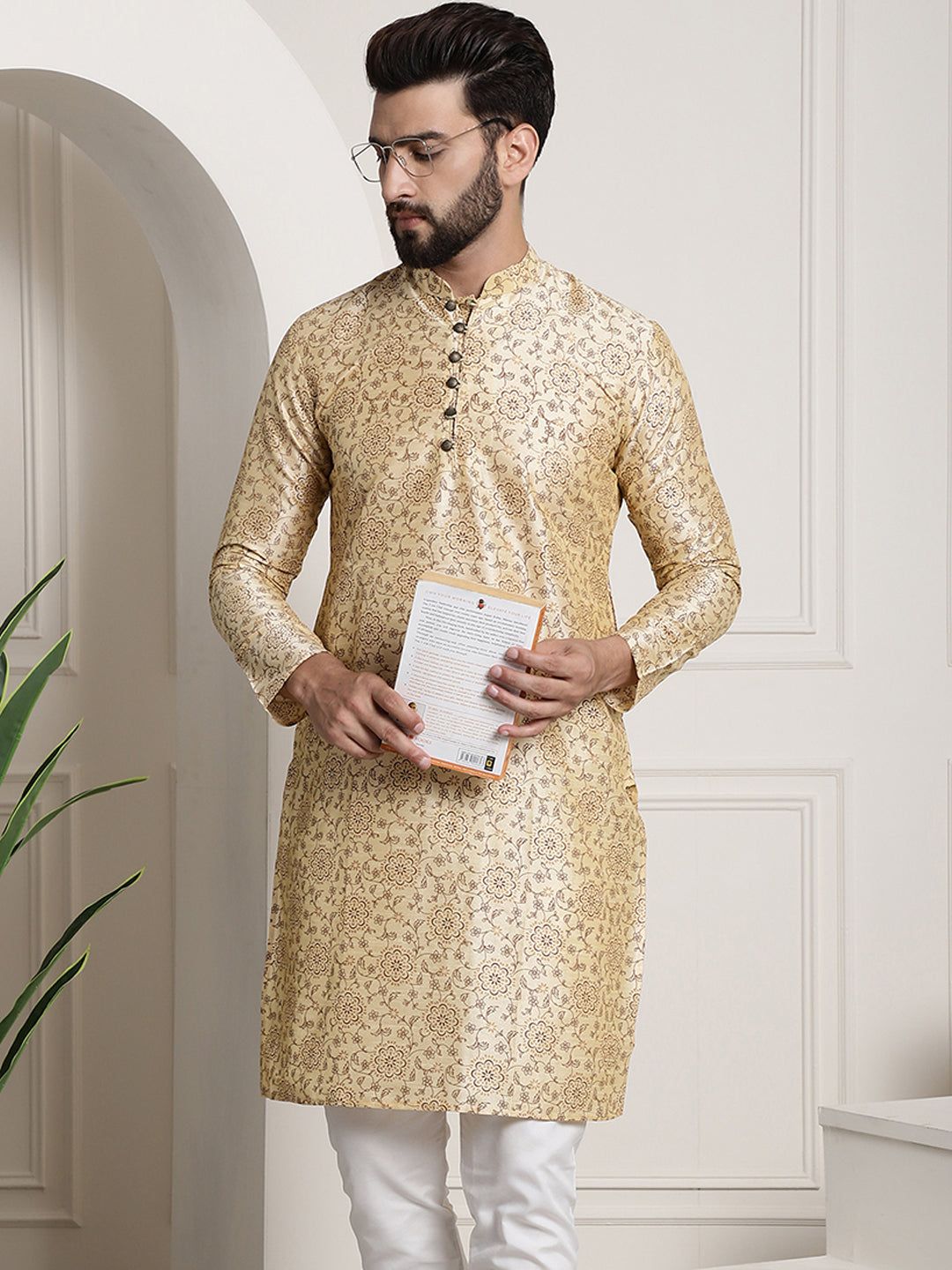 Men's Silk Blend Beige Printed Long Kurta-36