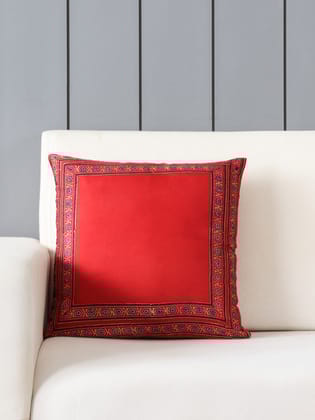 Ajrakh Modal Silk Cushion Cover Red Indigo Border 16x16-16 Inches x 16 Inches / Modal silk / Madder Red