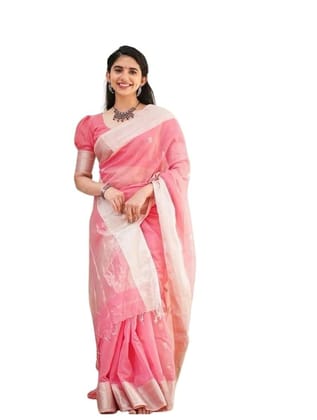 Women's Soft Lichi Silk Printed Saree With Unstitched Blouse 5.5Mtr (Pink)-PID63640