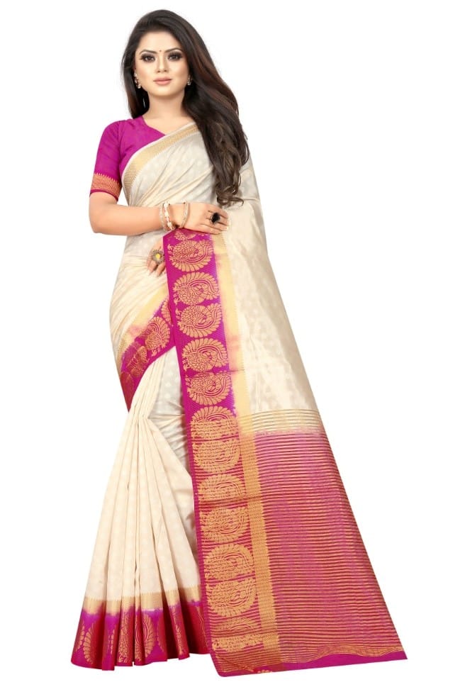 Women's Kanjivaram Silk Saree with Unstitched Blouse Piece (White, 5-6 Mtrs)