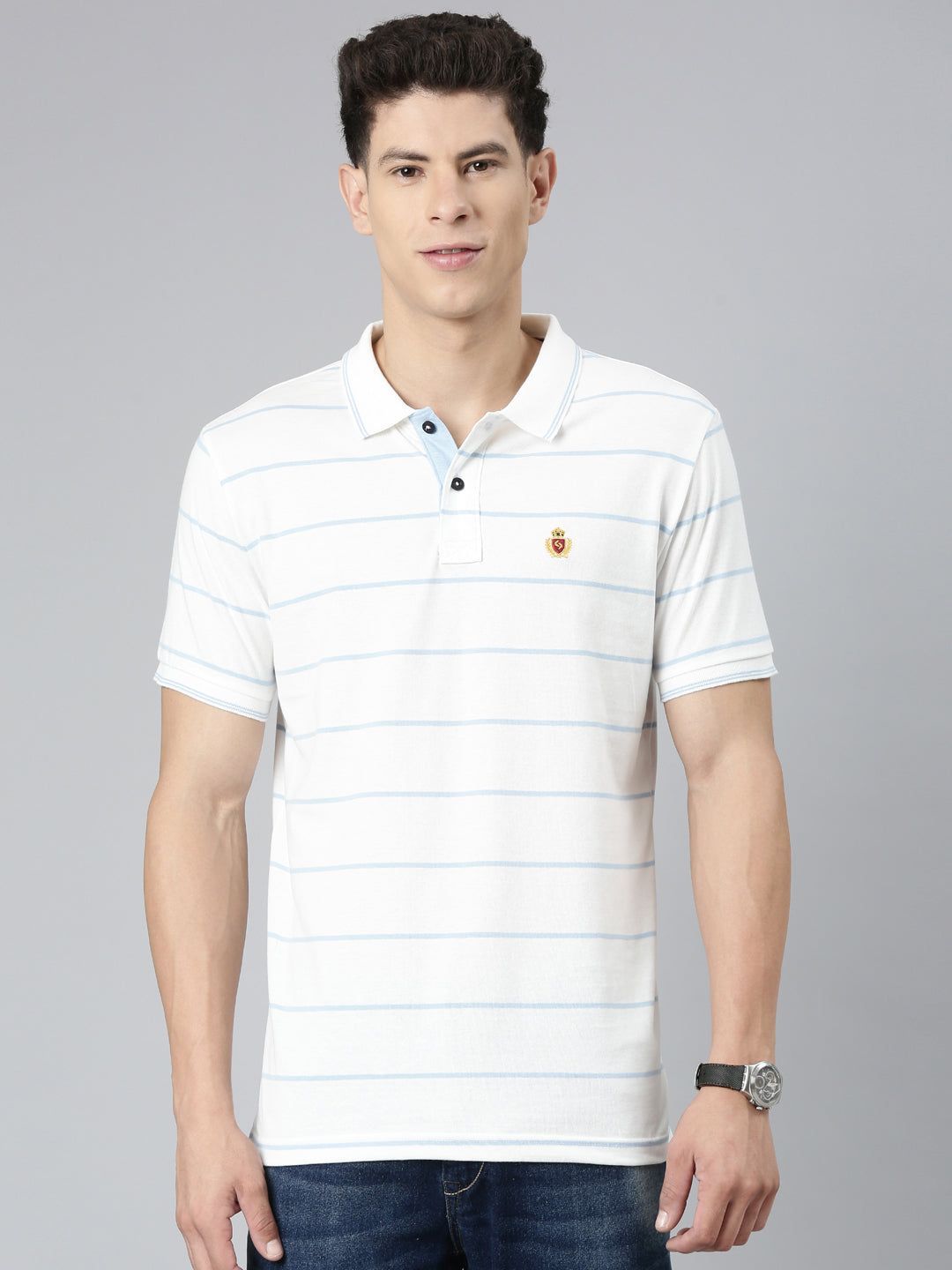 Classic Polo Mens Striped White/Blue Polo Neck Slim Fit T-Shirt | CPEG - 321 A SF P