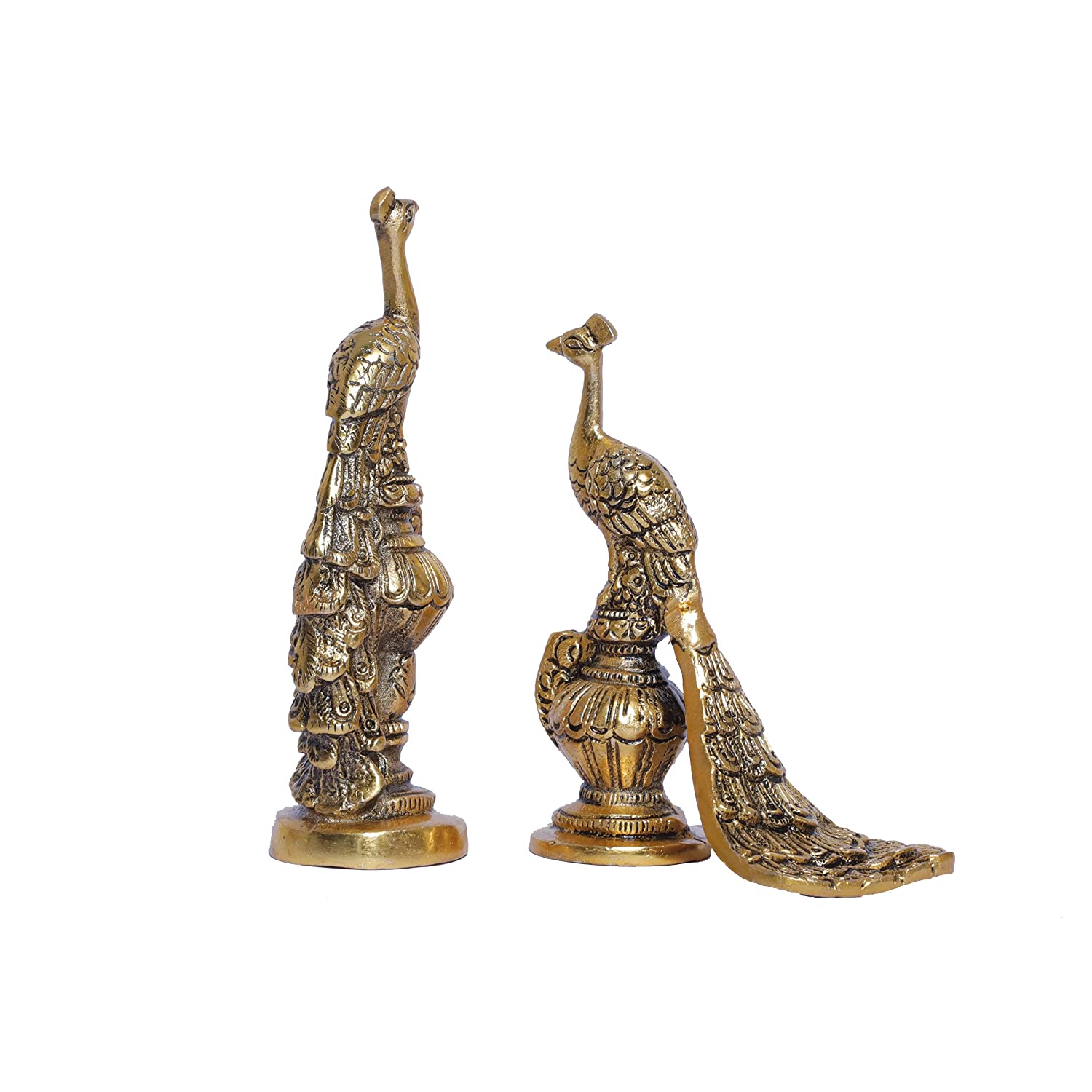 DreamKraft Metal Glossy Antique Finish Sitting Peacock Statue, Peacock Couple Pair Showpiece Figurines for Home and Office Decor - Set of 2 (Gold - 16 x 4.5 x 16 cm)