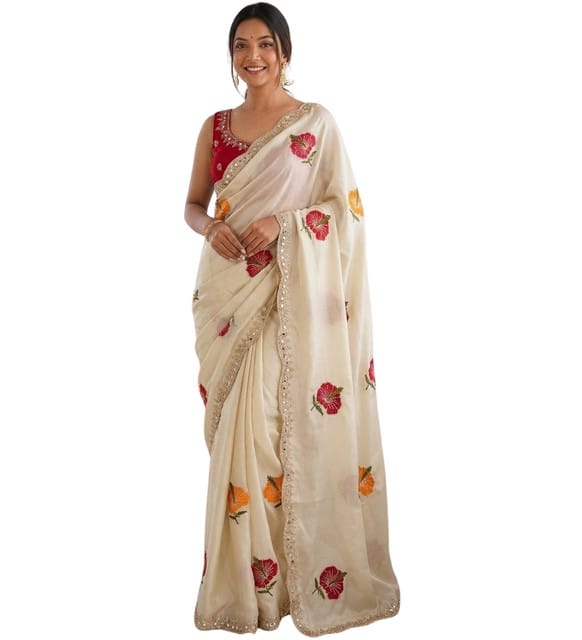 GENERIC Women's Georgette Embellished Saree With Unstitched Blouse 5.5Mtr (Beige)-PID67446