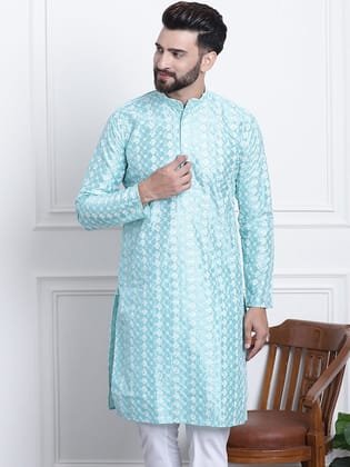 Men's Silk Blend Blue Embroidered ONLY Long Kurta-36