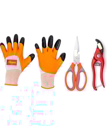 GLOBUS 1290 Steel Garden Tool Set/3 (Garden Scissor and RED Pruner 8", with Gardening Gloves)