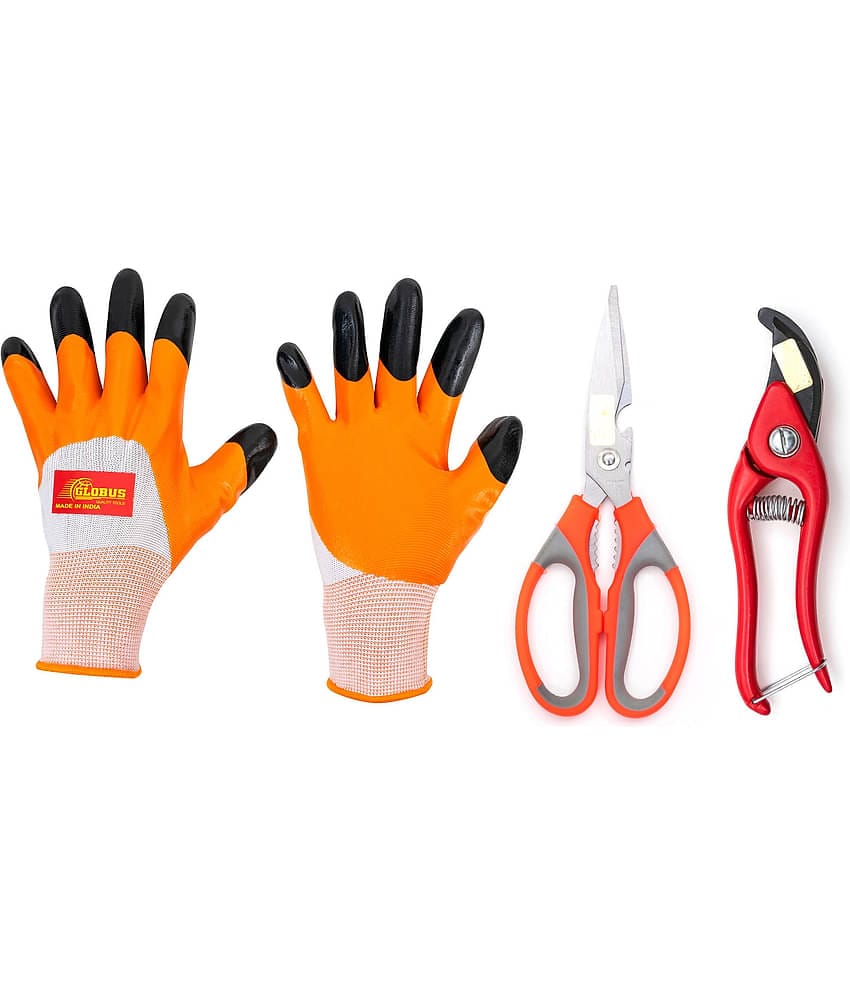 GLOBUS 1290 Steel Garden Tool Set/3 (Garden Scissor and RED Pruner 8", with Gardening Gloves)