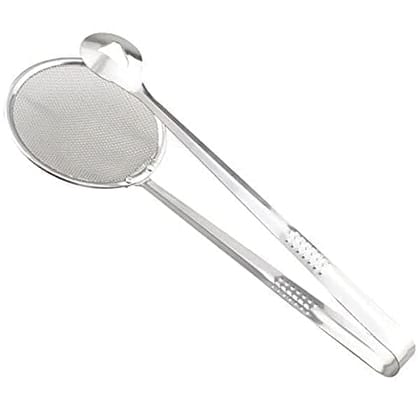 VillWin Kitchen Tool Multi-Functional 2 in 1 Stainless Steel Fry Tool Filter Spoon Strainer with Clip, Oil Frying BBQ Filter Mesh Strainer (Silver)